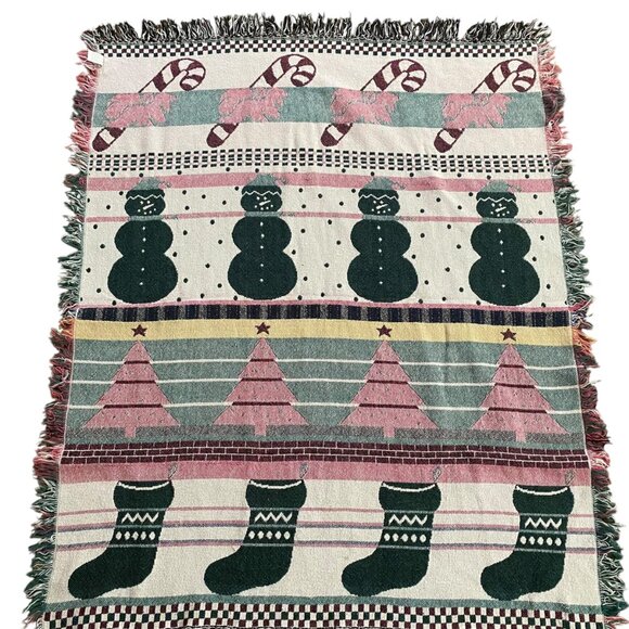 Lillian Vernon Christmas Tapestry Throw Blanket Reversible Stockings Snowmen - Picture 2 of 9